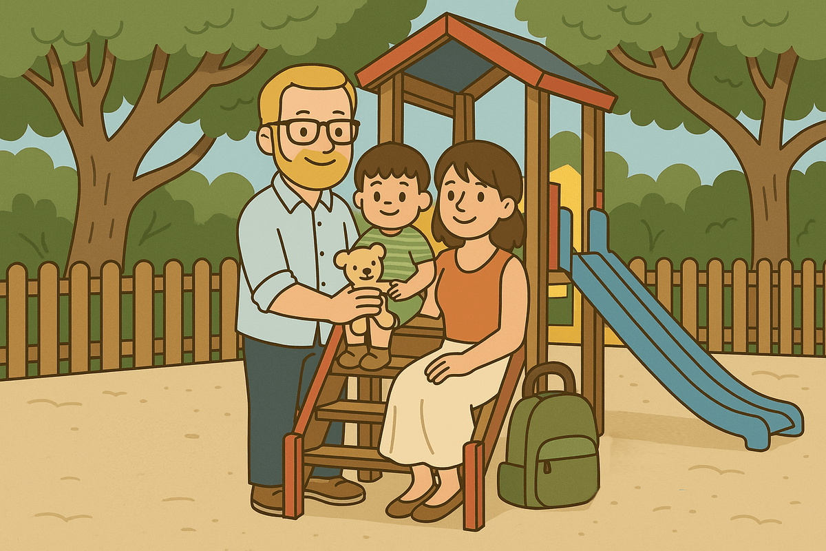 Cartoon illustration of the Toddler Vacation family at a playground.